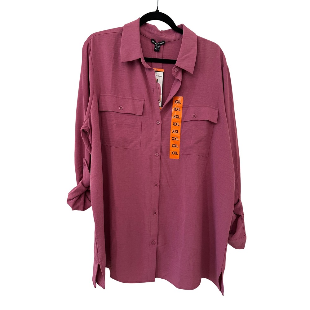 Hilary Radley Womens XXL Dark Pink Roll Tab Sleeve Button Down Tunic Top Pockets